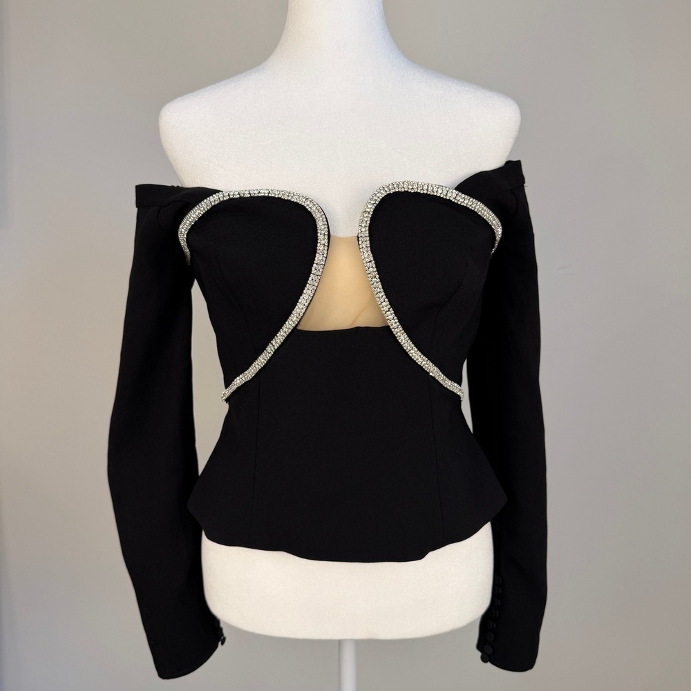 Self Portrait Off Shoulder Crystal Embellished‎ Top Revolve NWOT Women 8 Black - Picture 2 of 12